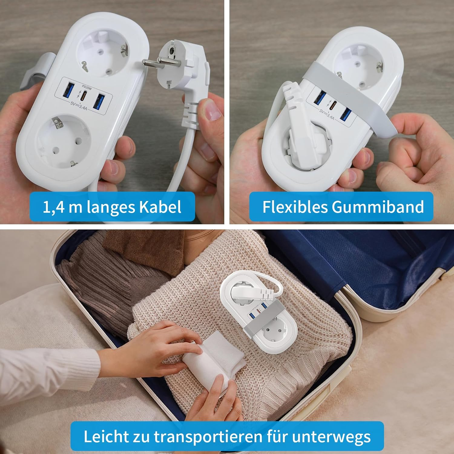 Drei Bilder zeigen eine weiße Steckdosenleiste mit USB-Anschlüssen. Eines zeigt einen Stecker, ein anderes das Band, das letzte in einem Koffer.