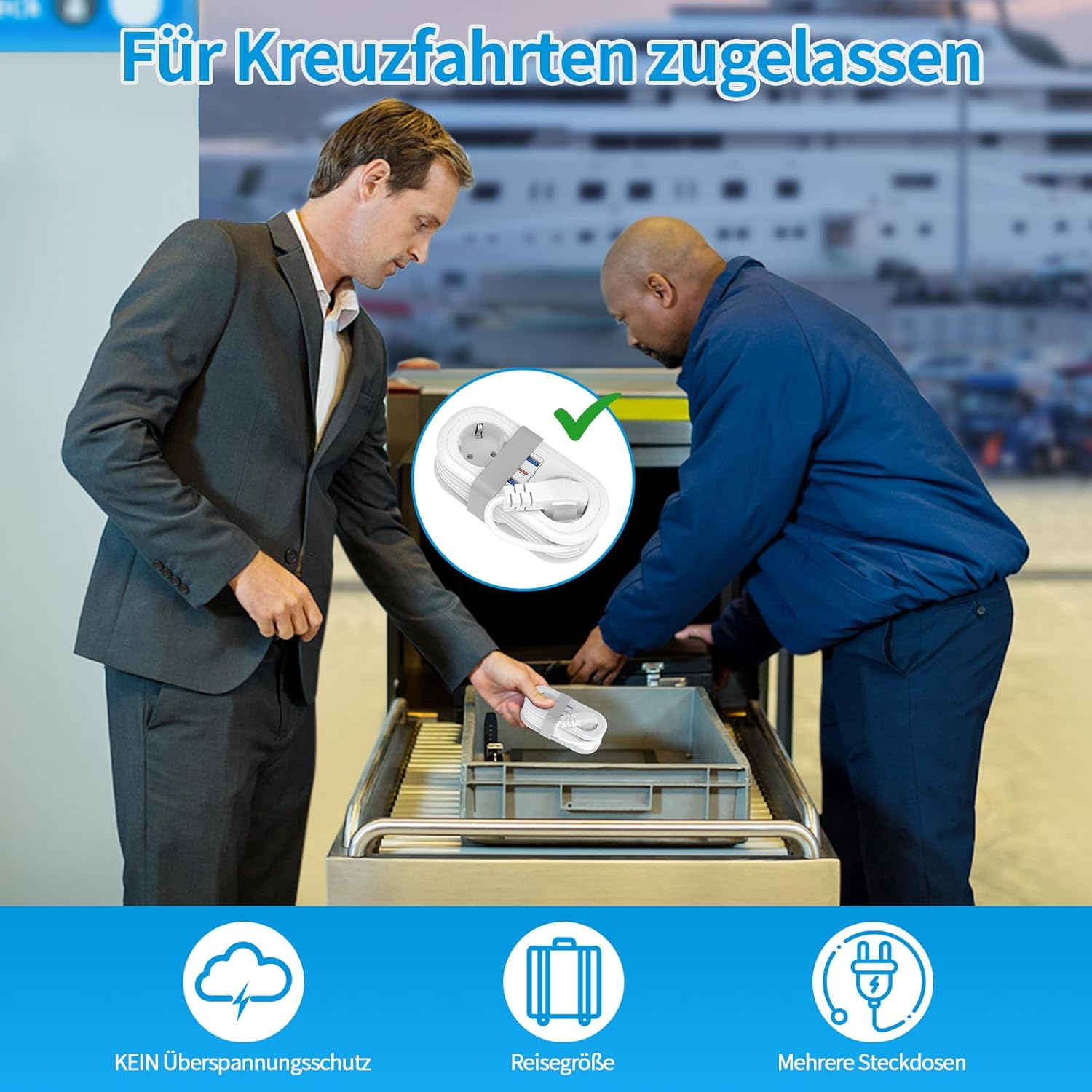 Zwei Männer vor einem Sicherheits-Scanner. Einer reicht dem anderen einen Gegenstand. Text oben und Icons unten.