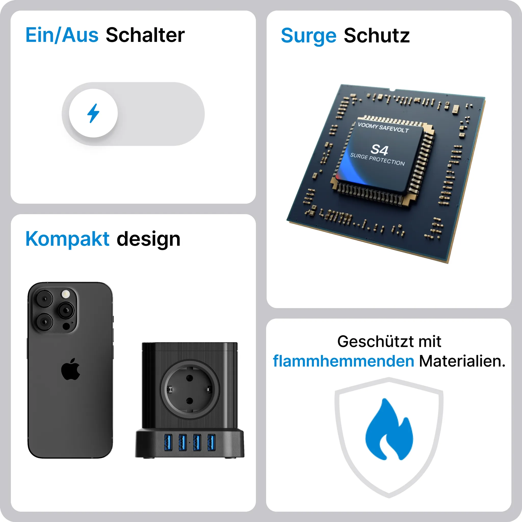 Das Bild zeigt einen Ein/Aus-Schalter, eine Leiterplatte, ein Telefon, eine Steckdosenleiste und ein Flammensymbol.