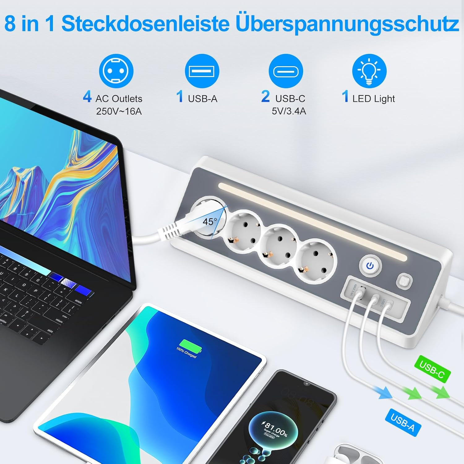 Eine 8-in-1-Steckdosenleiste mit Laptop, Tablet und Smartphone, die geladen werden. Die Leiste hat Steckdosen und USB-Anschlüsse.