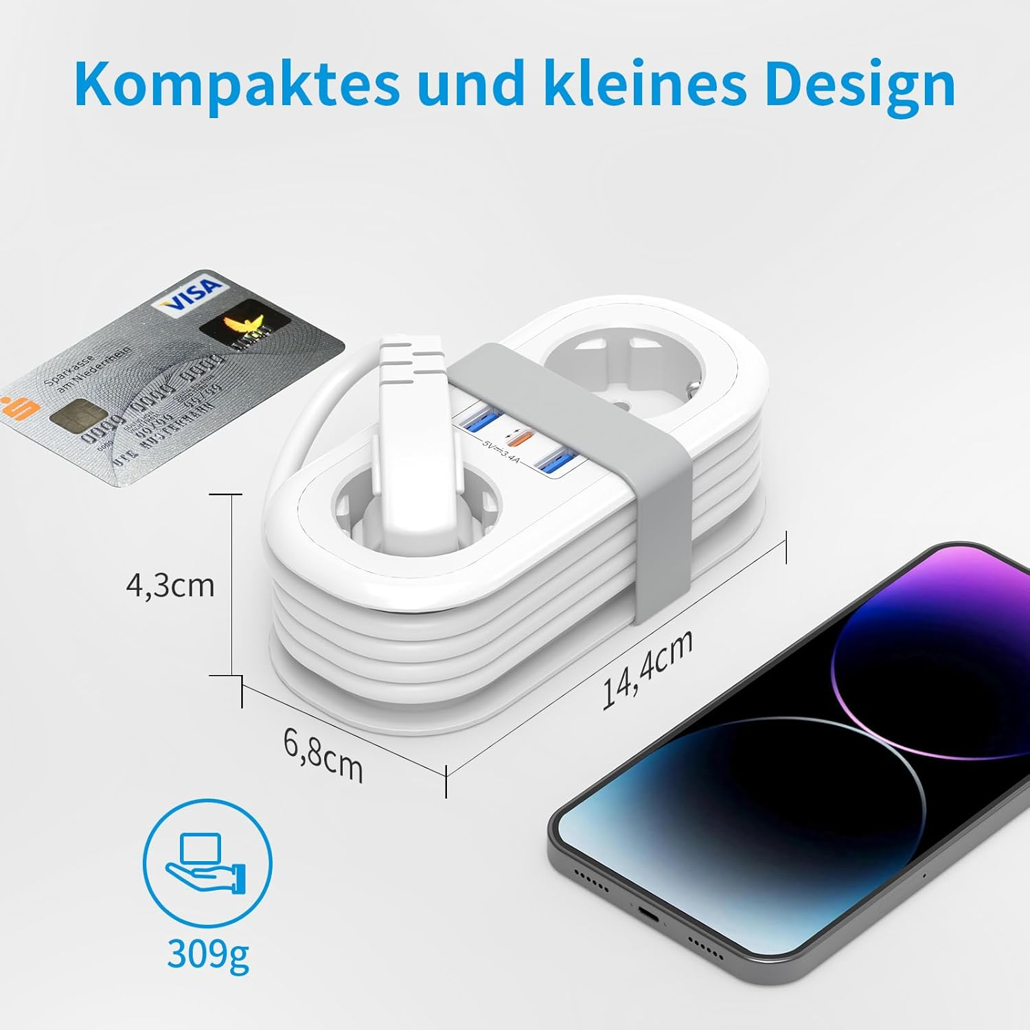 Das Bild zeigt eine weiße Steckdosenleiste, eine Kreditkarte und ein Smartphone. Abmessungen sind in cm angegeben, das Gewicht beträgt 309g.