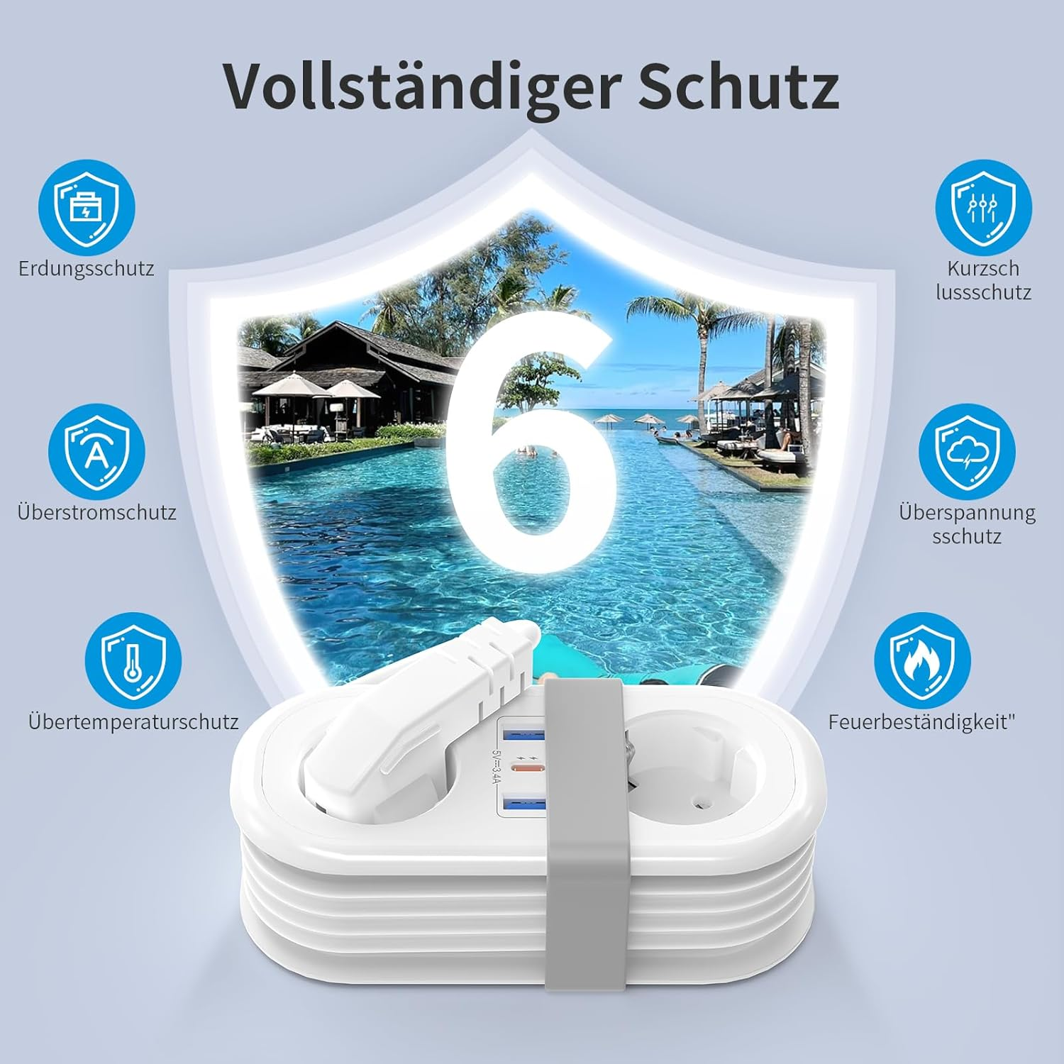 Ein weißes Stromkabel mit grauem Riemen. Es hat einen Blick auf einen Pool mit Sonnenschirmen und eine Sechs in der Mitte.