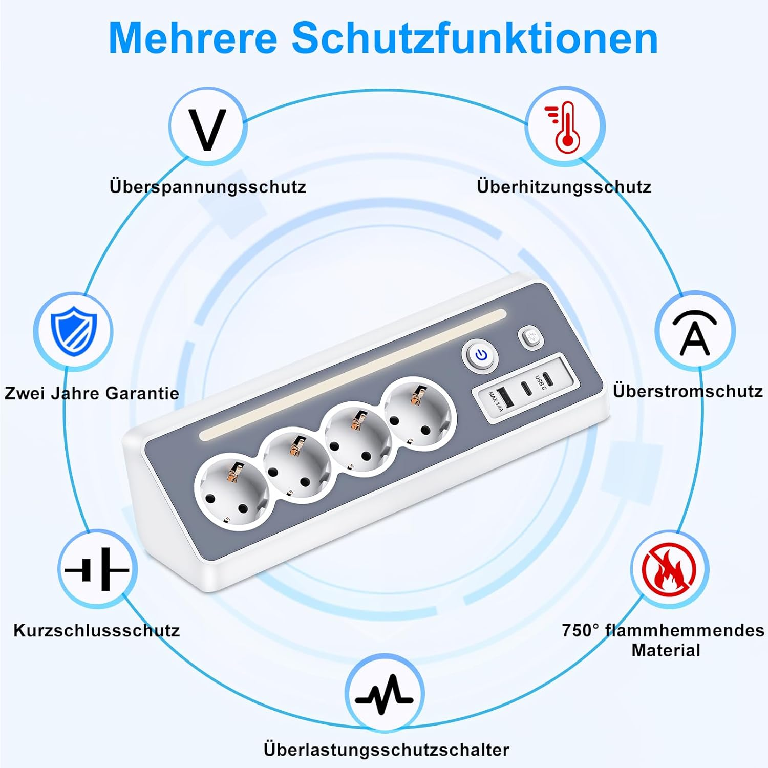 Ein weiß-grauer Mehrfachstecker mit mehreren Sicherheitsfunktionen. Symbole zeigen Überspannungs-, Überhitzungs-, Überstrom- und Kurzschlussschutz an.