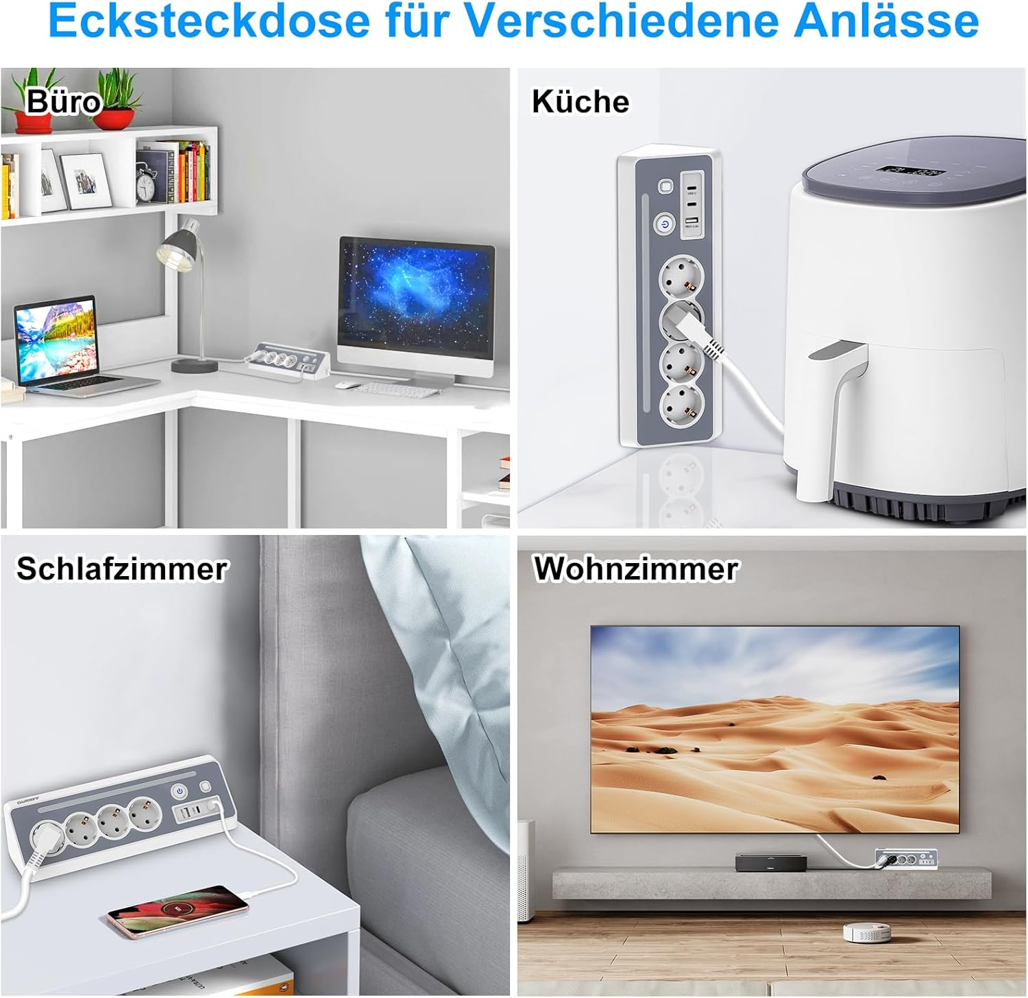Das Bild zeigt Steckdosenleisten in verschiedenen Umgebungen: Büro mit Computer, Küche mit Fritteuse, Schlafzimmer und Wohnzimmer mit Fernseher.