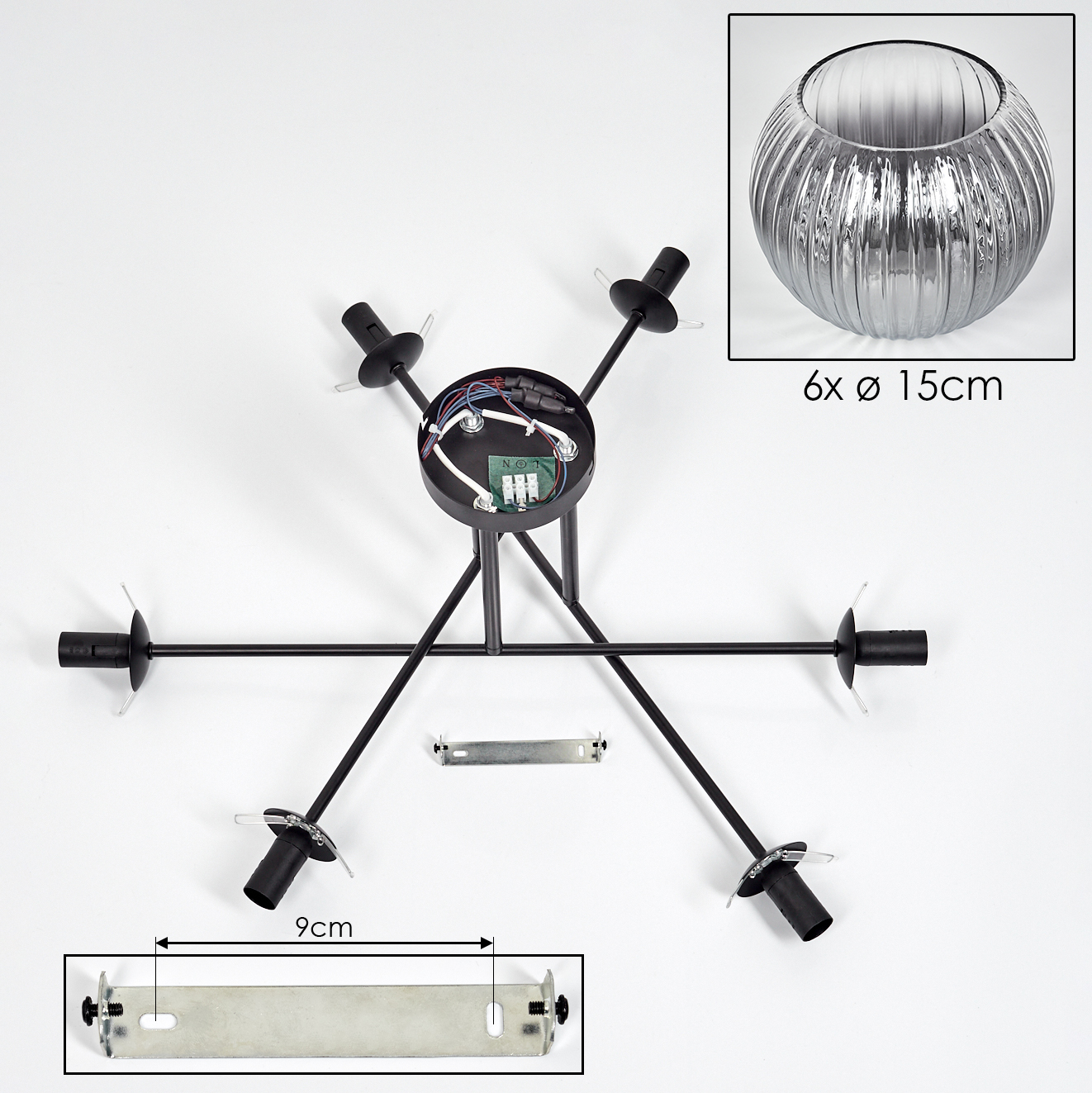 Schwarzer Kronleuchter mit sechs Armen. Enthält eine Glasschale und eine Metallhalterung. Abmessungen sind im Bild angegeben.