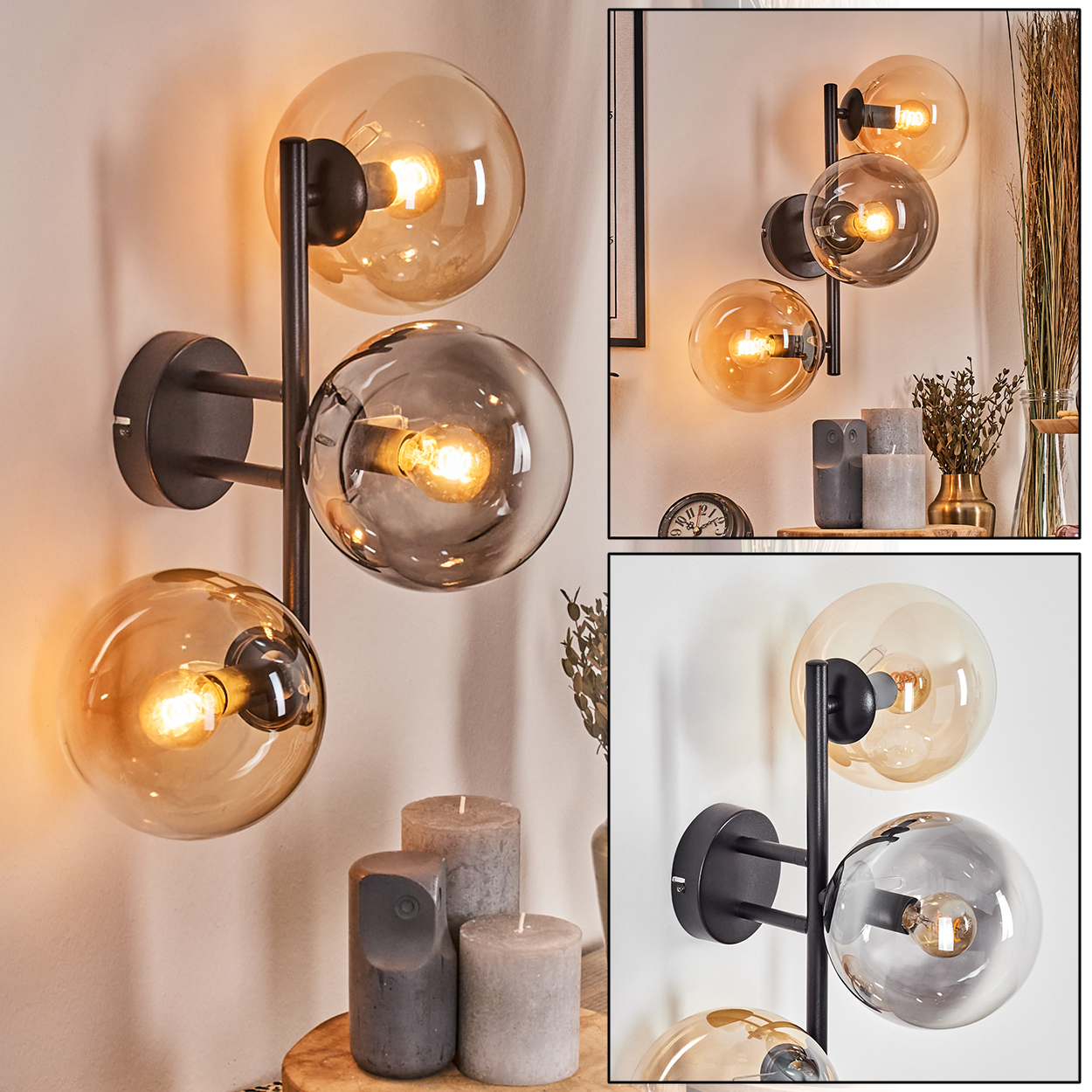 Eine moderne Wandlampe mit drei kugelförmigen Glasschirmen, die jeweils eine Glühbirne enthalten. Die Schirme sind bernsteinfarben und grau. Kerzen sind im Vordergrund.