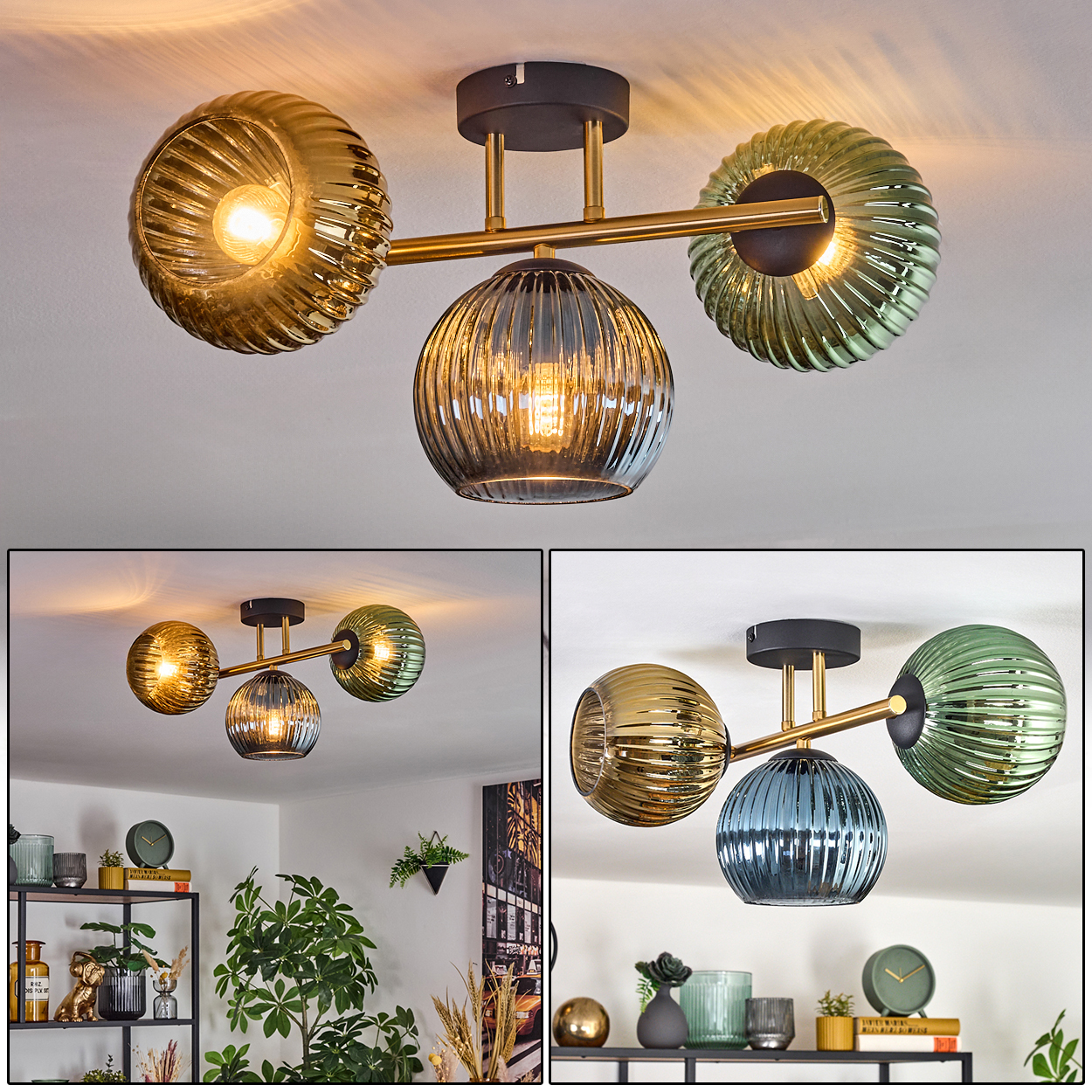 Eine moderne Deckenleuchte mit drei Glaskugeln in Gold, Grün und Grau. Die Leuchte ist an einer weißen Decke montiert.