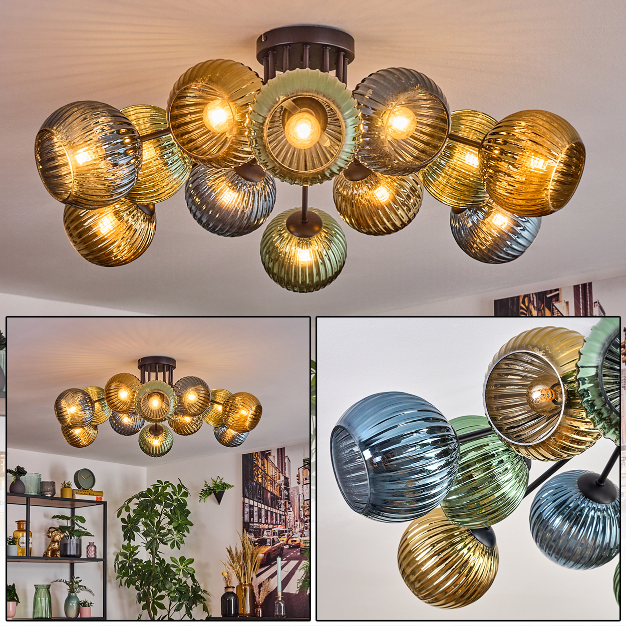 Eine moderne Deckenleuchte mit mehreren Glaskugeln in Gold-, Grün- und Blautönen. Das Licht ist an und beleuchtet den Raum.