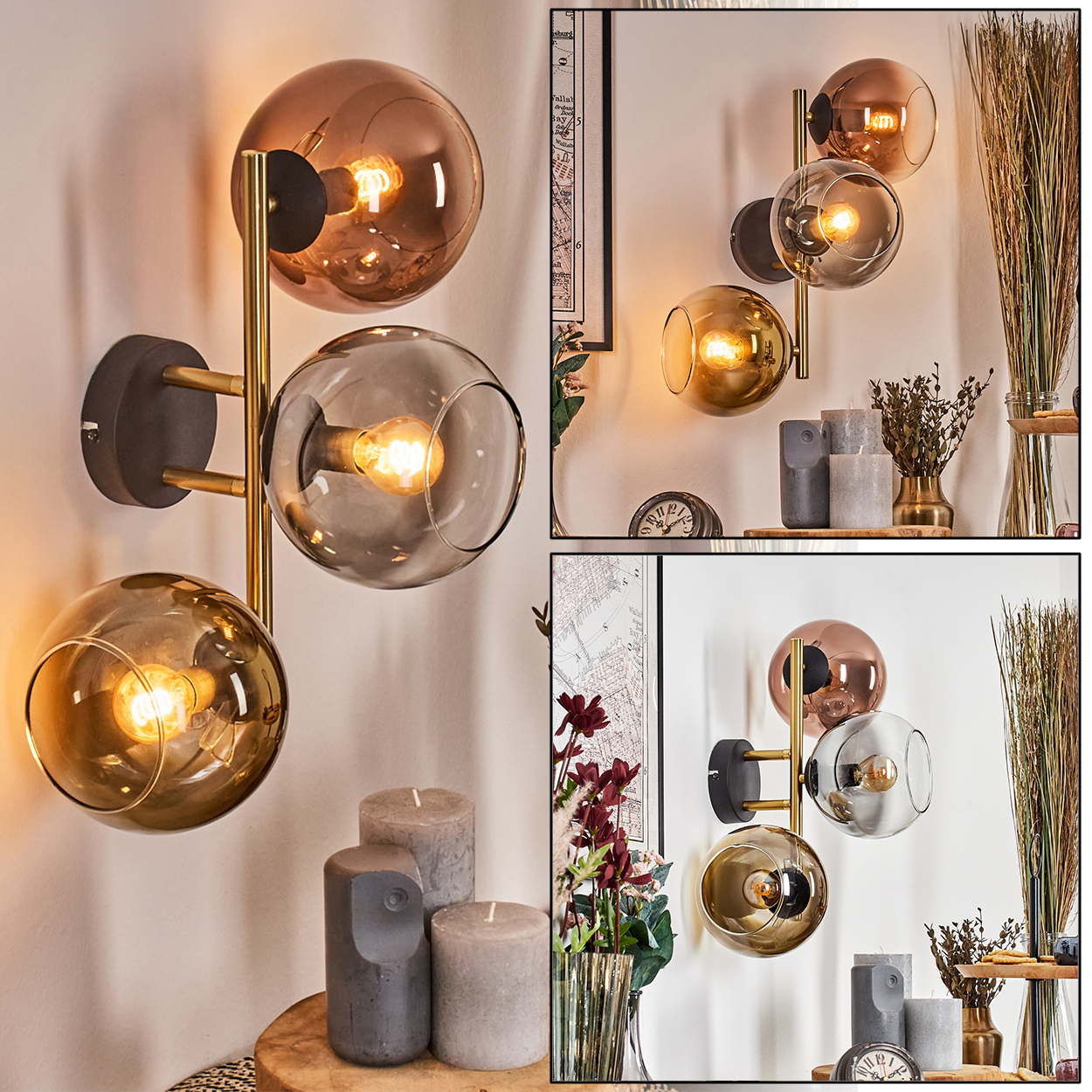 Wandlampe mit drei Glühbirnen und kugelförmigen Glasschirmen. Kerzen und Dekorationsartikel im Vordergrund, Karten im Hintergrund.