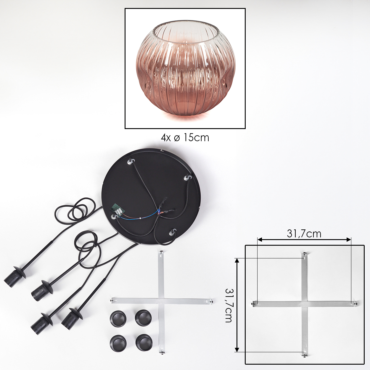 Eine zerlegte Leuchte mit Glaskugel, schwarzem Sockel, Drähten und Metallkomponenten, mit Größenangaben.