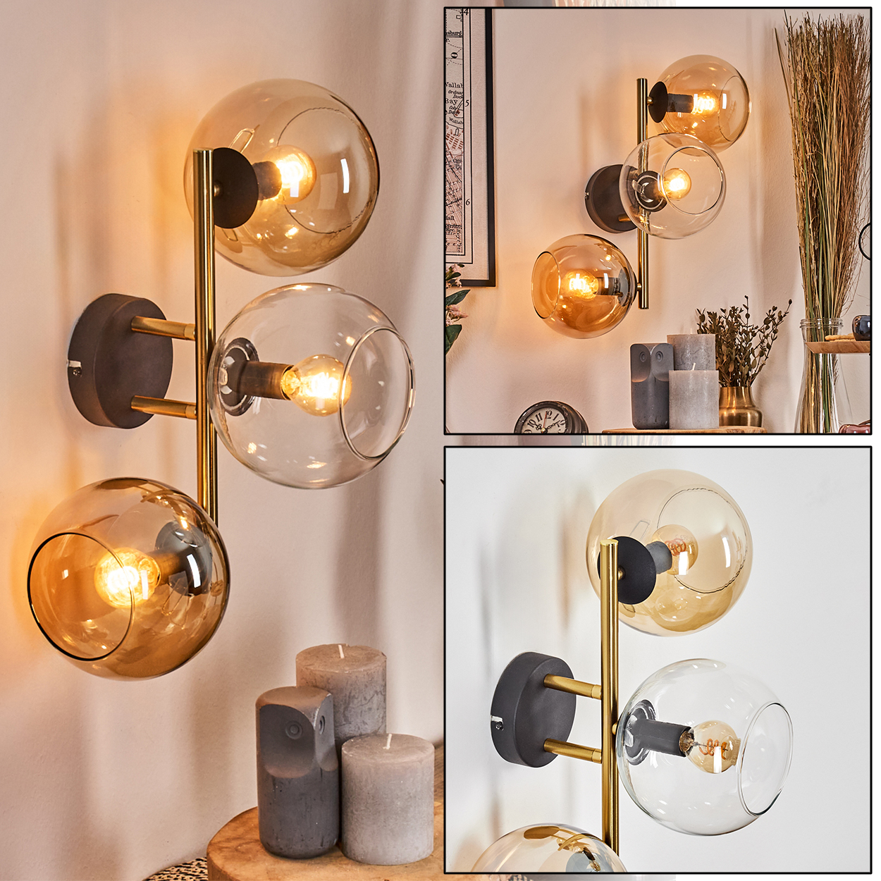 Wandleuchte mit drei Glaskugelschirmen. Die Schirme haben bernsteinfarbenes und klares Glas. Die Wand ist weiß.