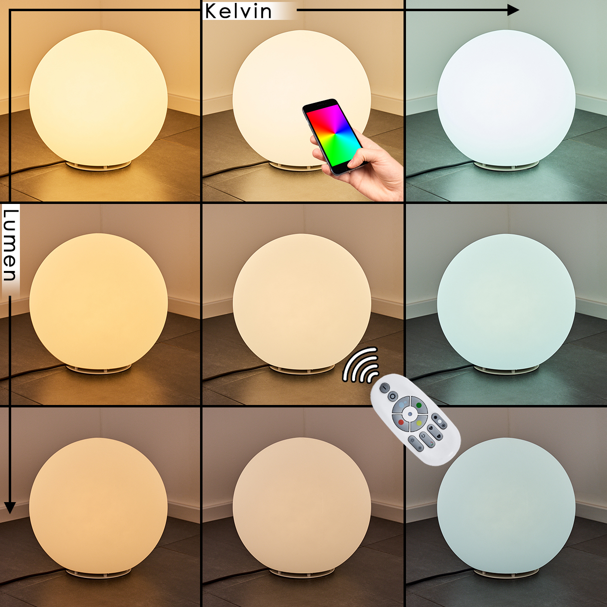 Eine Lampe mit Farbvariationen, gesteuert über Telefon und Fernbedienung. Die Farbe ändert sich je nach Kelvin- und Lumen-Einstellungen.