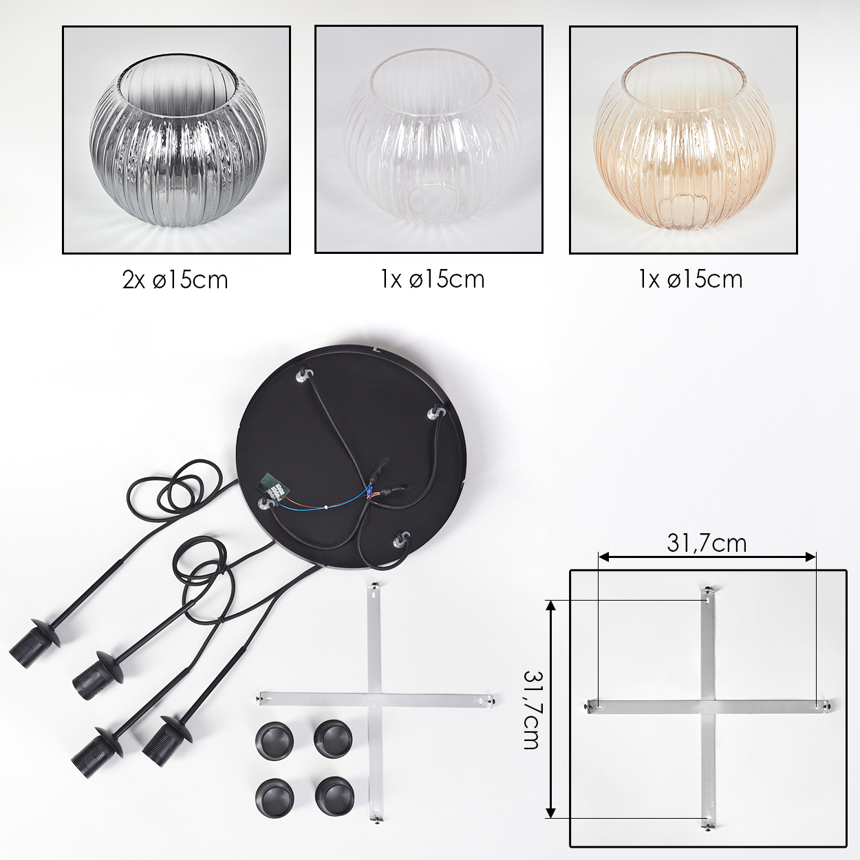 Drei Glasschalen, schwarze Deckenplatte mit Kabeln, Metallrahmen und schwarze Lampenfassungen. Abmessungen sind angegeben.