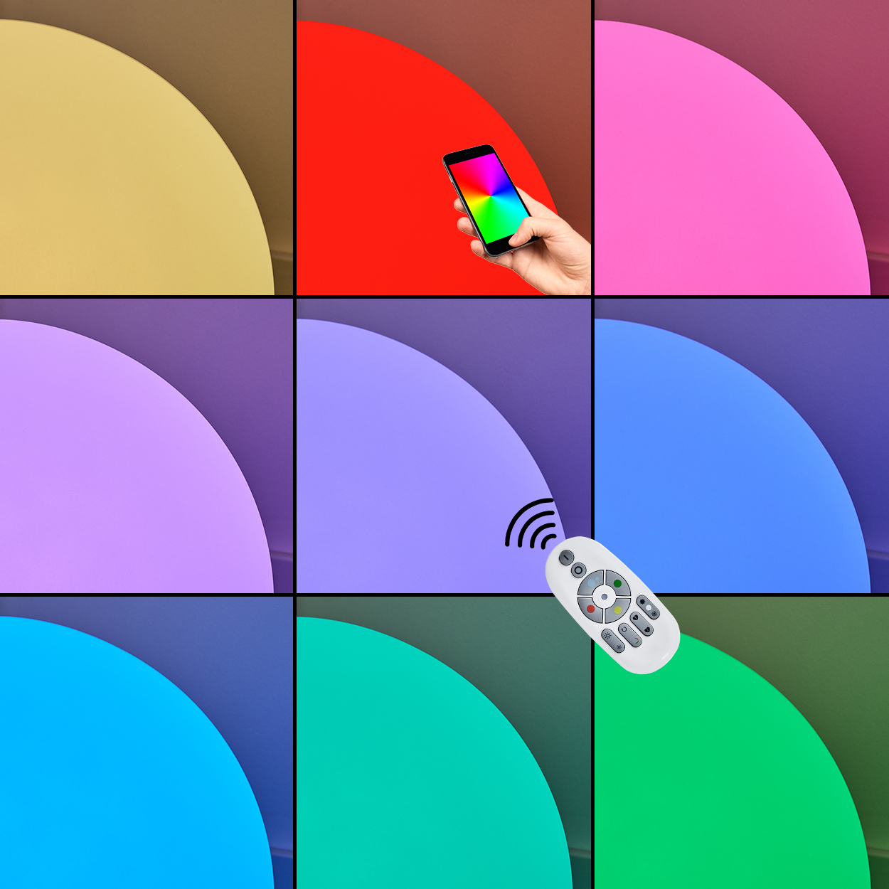 Eine Hand hält ein Telefon mit Regenbogenanzeige. Die Szene ist in farbige Quadranten unterteilt, eine Fernbedienung ist sichtbar.