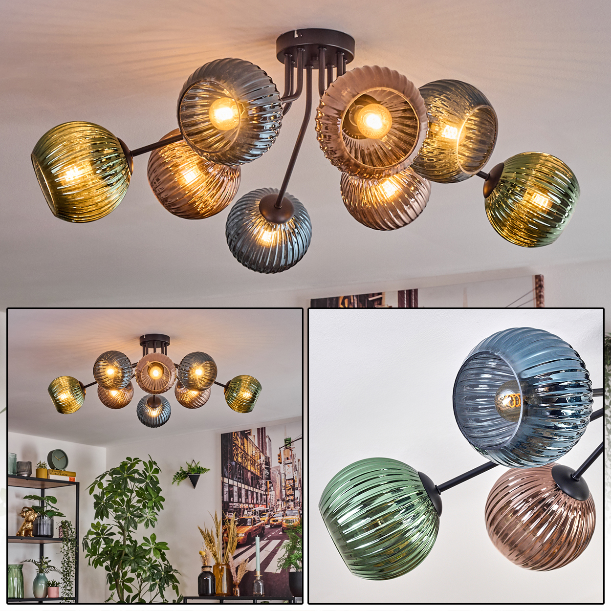 Eine moderne Deckenleuchte mit mehreren Glaskugelschirmen in verschiedenen Farben. Die Leuchte ist an einem schwarzen Metallrahmen befestigt.