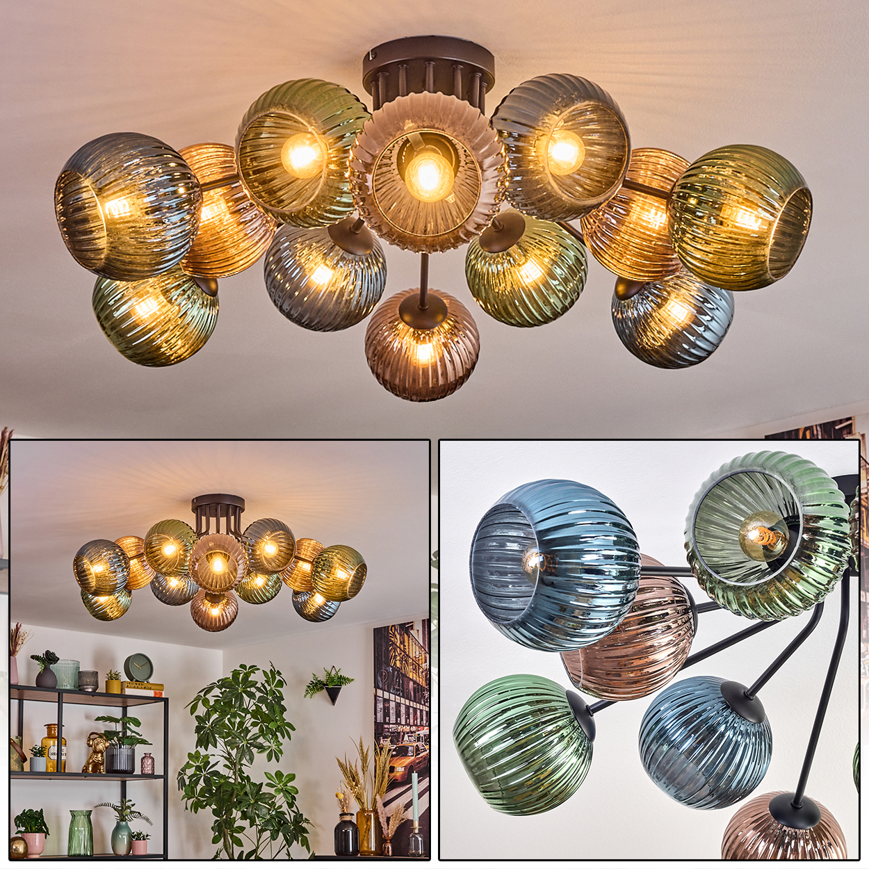 Eine moderne Deckenlampe mit mehreren Glaskugeln in verschiedenen Farben. Der Raum hat neutrale Farben mit Pflanzen und Dekoration.
