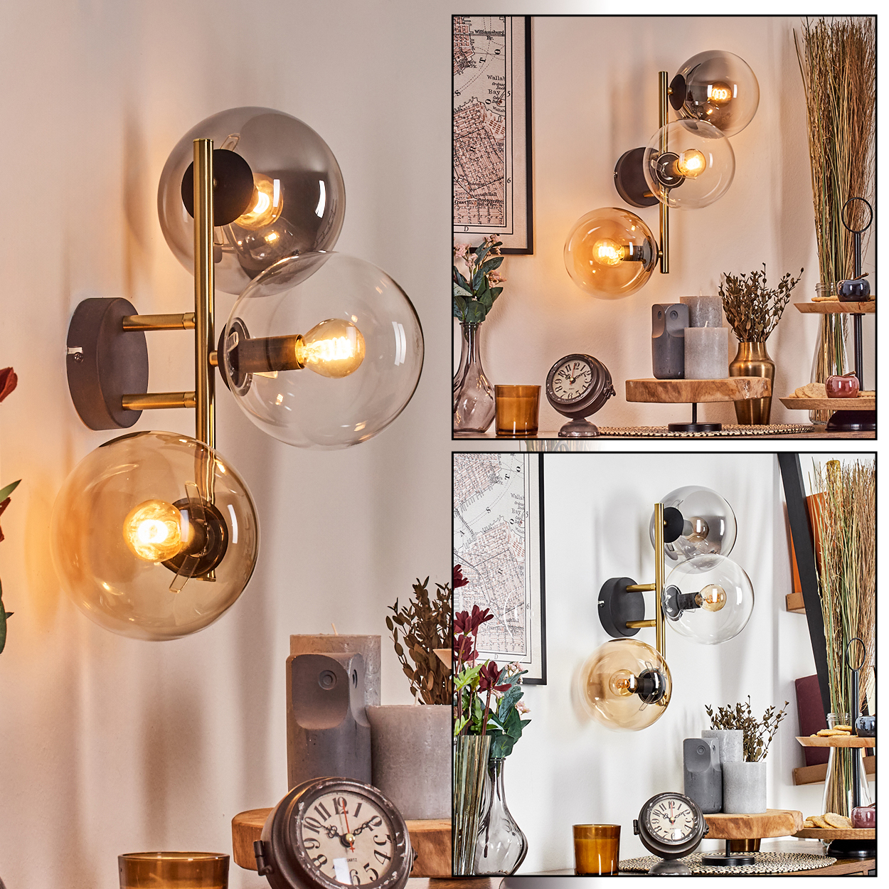 Eine Wandlampe mit drei Glaskugeln. Die Szene hat eine Karte, eine Uhr, Kerzen und Dekorationsartikel.