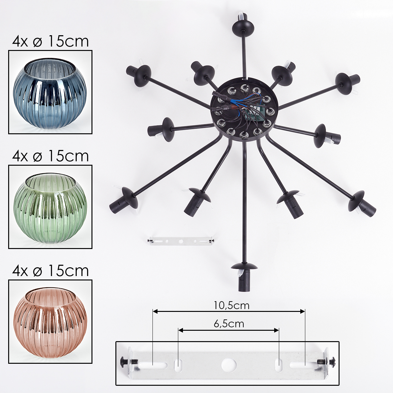 Eine zerlegte Deckenlampe mit drei Glasschalen und einer Halterung. Die Lampe hat schwarze Arme und eine zentrale Nabe.