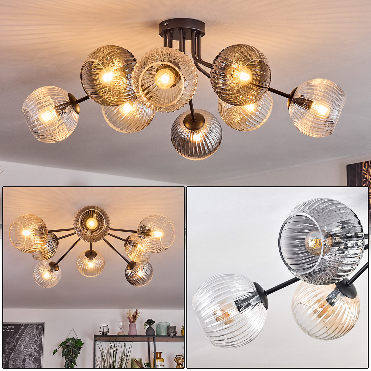 Moderne Deckenleuchte mit mehreren Glaskugelschirmen. Die Schirme haben ein geripptes Design. Die Leuchte ist aus dunklem Metall.