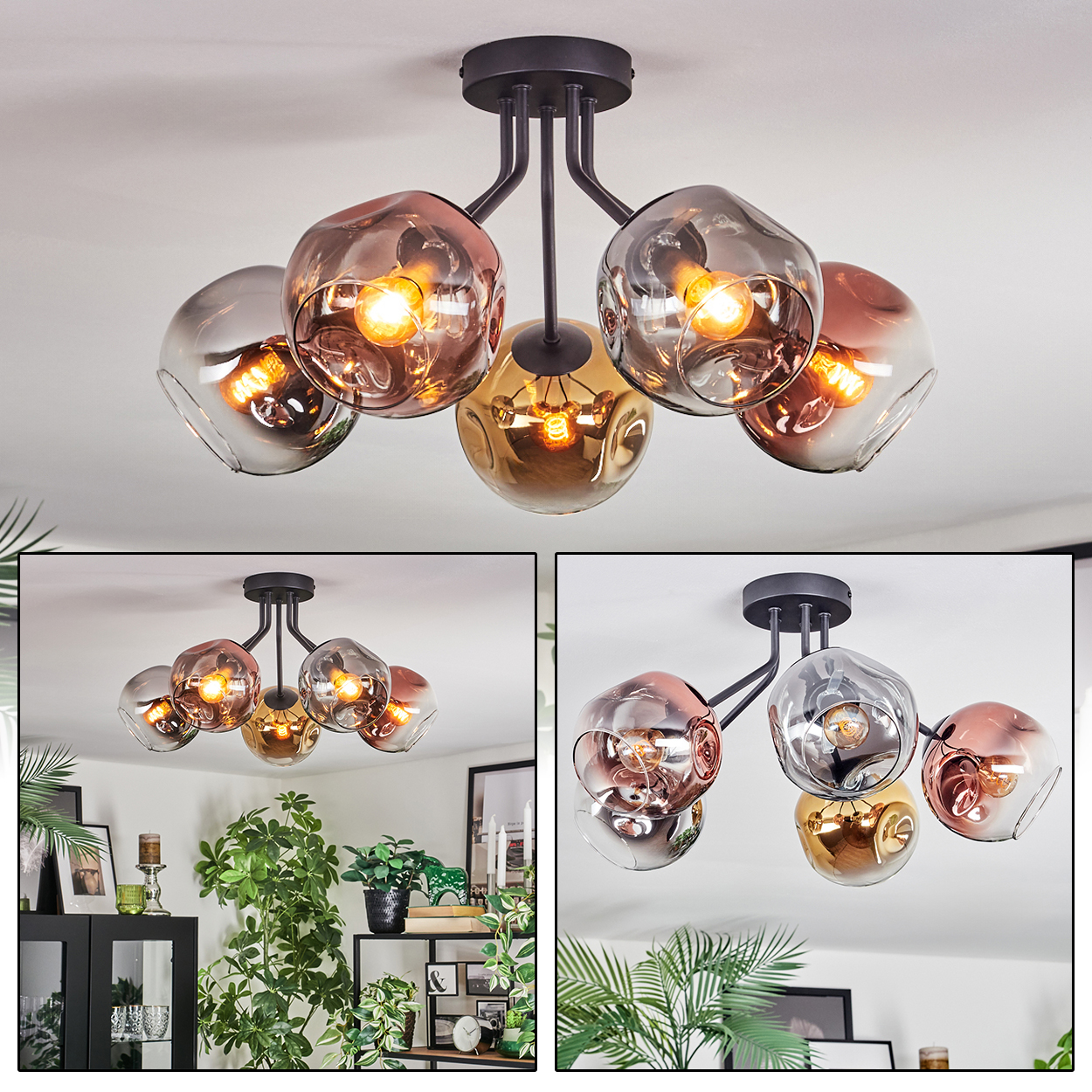 Eine moderne Deckenlampe mit fünf Glaskugeln in Grau- und Goldtönen. Die Lampe ist auf einem schwarzen Metallrahmen montiert.