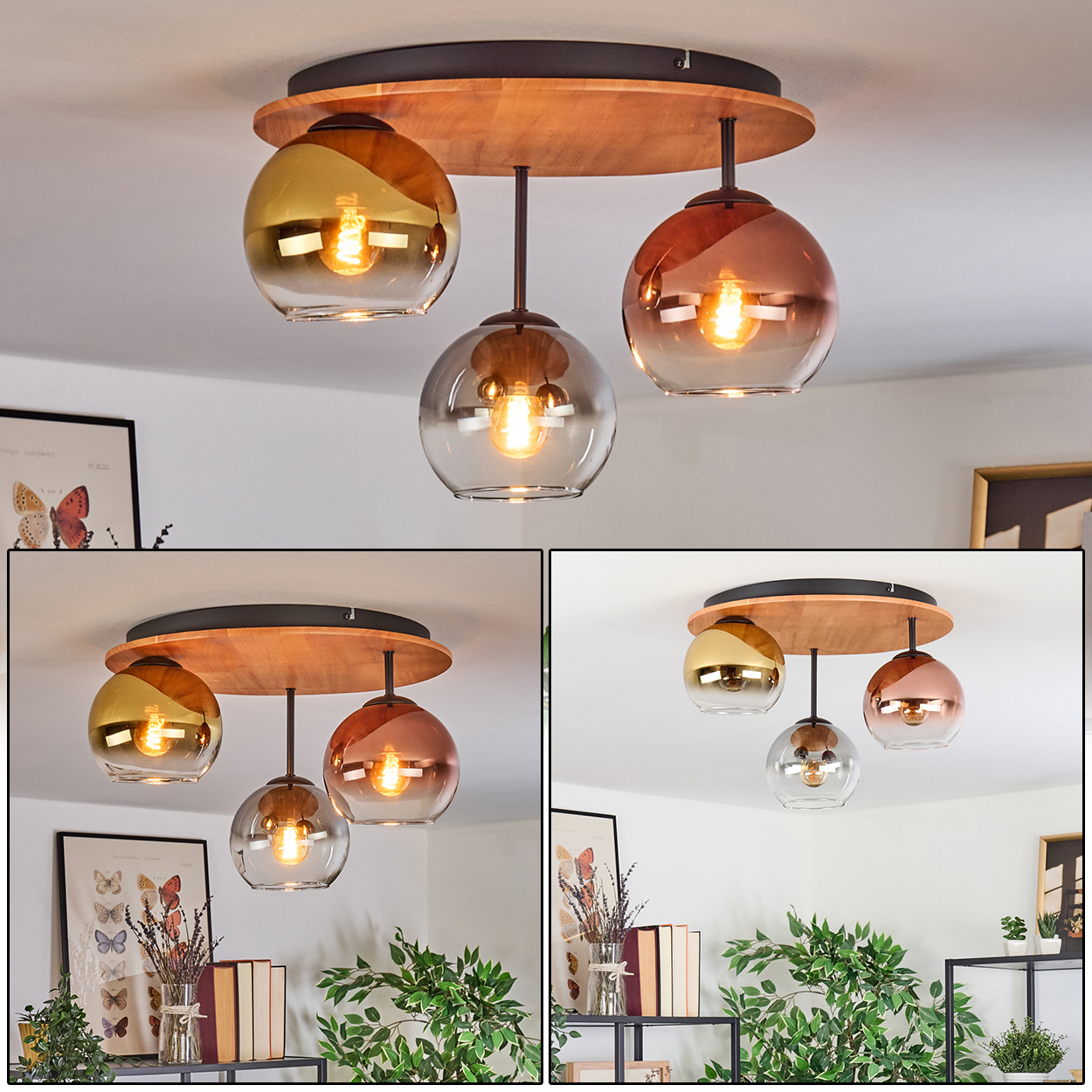 Moderne Deckenlampe mit drei Glaskugeln in Gold, Kupfer und klar, mit warmen Lichtern. Holzsockel und schwarze Stiele.