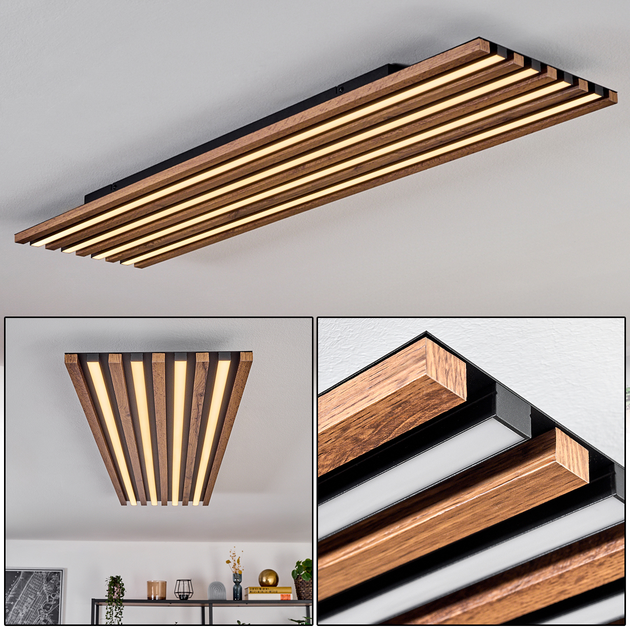 Deckenleuchte aus Holz mit warmweißen LEDs. Schwarzer Rahmen und Holzlatten. Details des Lichts und der Umgebung.