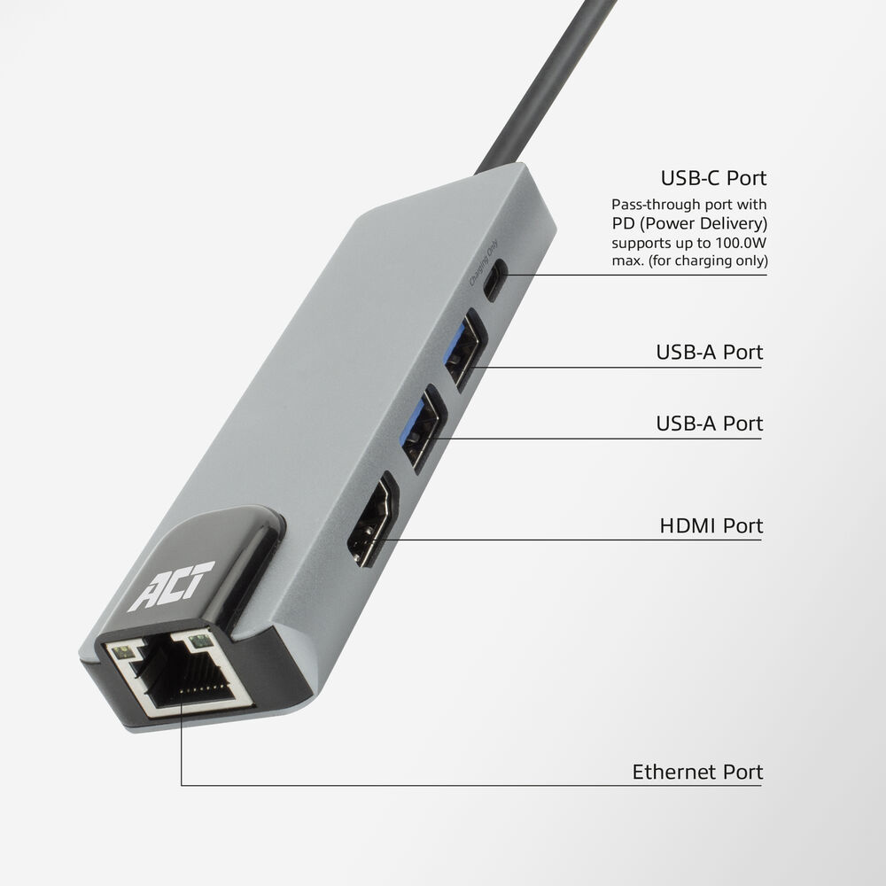 Un hub USB ACT grigio con più porte tra cui USB-C, USB-A, HDMI ed Ethernet, con un cavo nero.