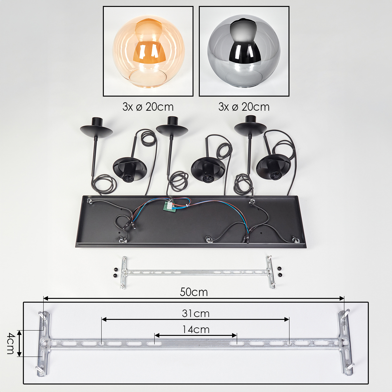 Draufsicht einer zerlegten Lampe. Enthält zwei Globus-Lampenschirme, schwarze Armaturen, eine schwarze Basis und eine Metallstütze.