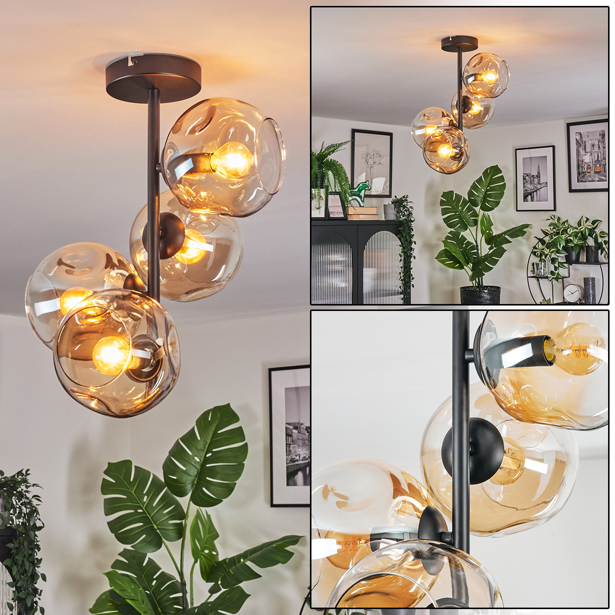 Eine moderne Deckenleuchte mit fünf bernsteinfarbenen Glaskugeln, beleuchtet, hängt an der Decke. Ein Raum mit Pflanzen, Rahmen und einem schwarzen Schrank.