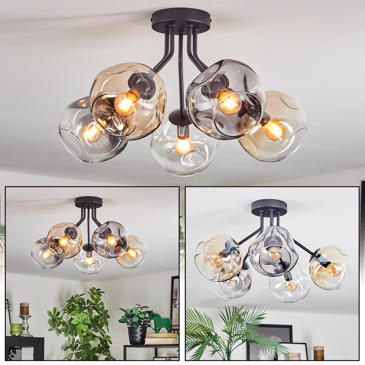 Moderne Deckenlampe mit fünf Glaskugeln, einige bernsteinfarben getönt, beleuchtet, vor weißer Decke. Die Lampe ist schwarz.