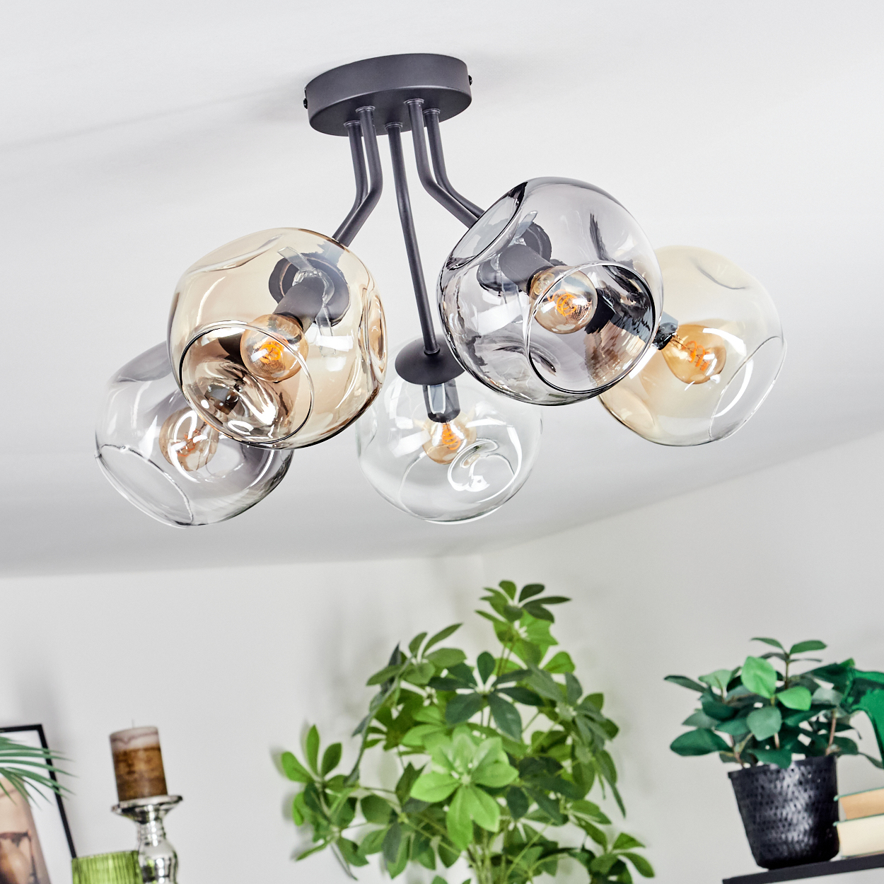 Eine moderne Deckenlampe mit fünf Glaskugeln. Die Leuchten hängen über grünen Pflanzen im Raum. Die Lichter sind an.