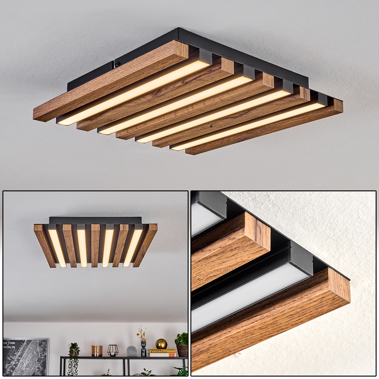Eine moderne Deckenleuchte mit Holzlamellen und integrierten LED-Leuchten. Die Leuchte ist quadratisch, schwarz und an einer weißen Decke montiert.