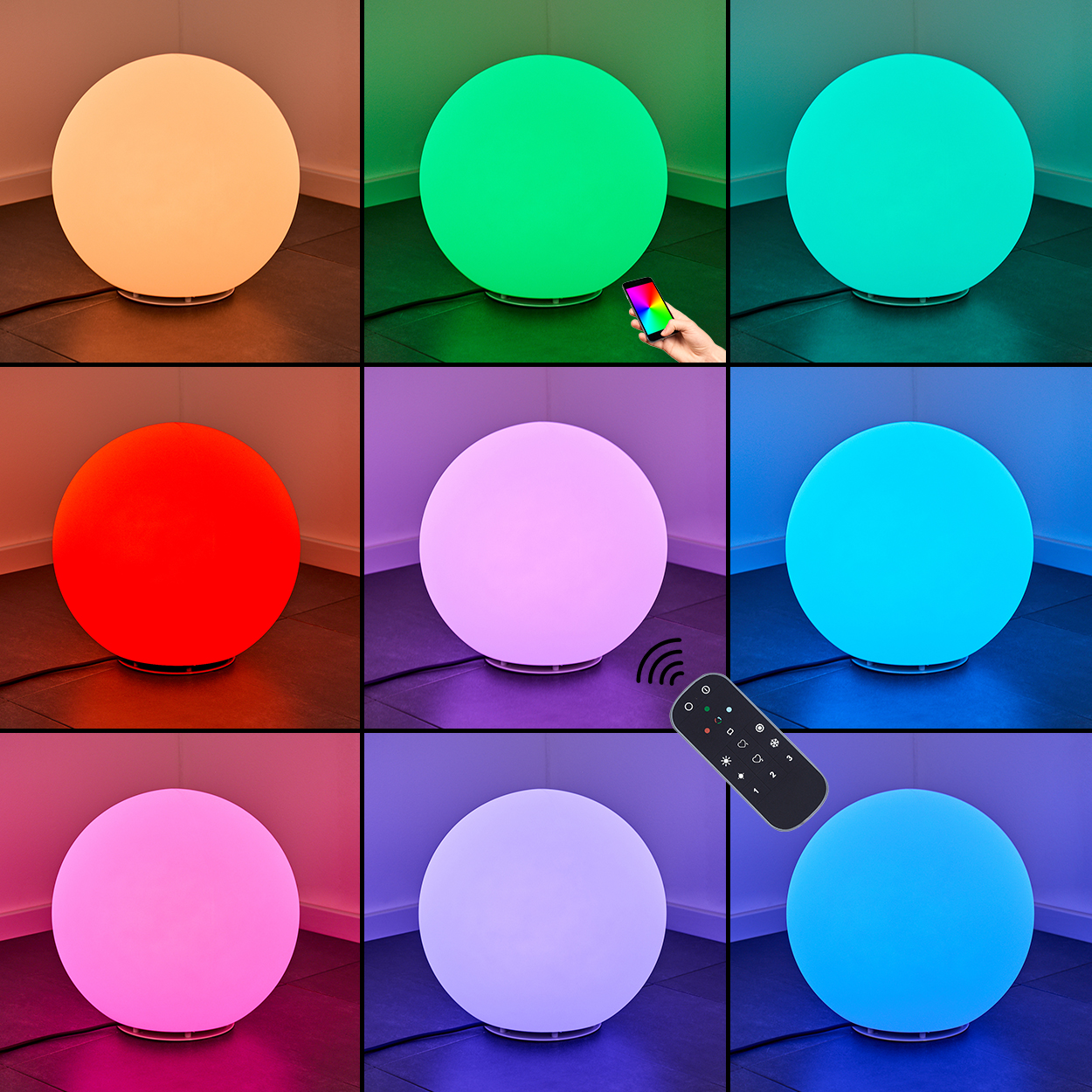 Neun farbige, leuchtende Kugellampen. Jede zeigt eine andere Farbe: Weiß, Grün, Blau, Rot, Lila, Türkis, Rosa, Helllila und Blau.
