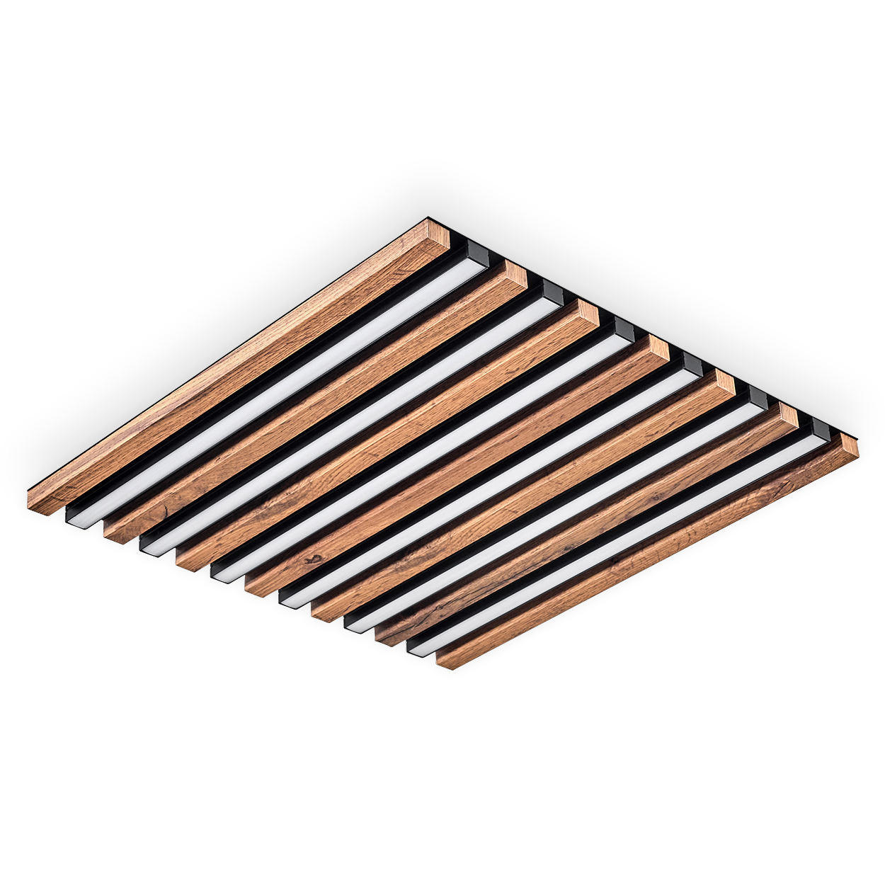 Eine moderne Deckenleuchte mit Holzlatten und schwarzen Akzenten. Das Licht kommt aus den Zwischenräumen der Latten.