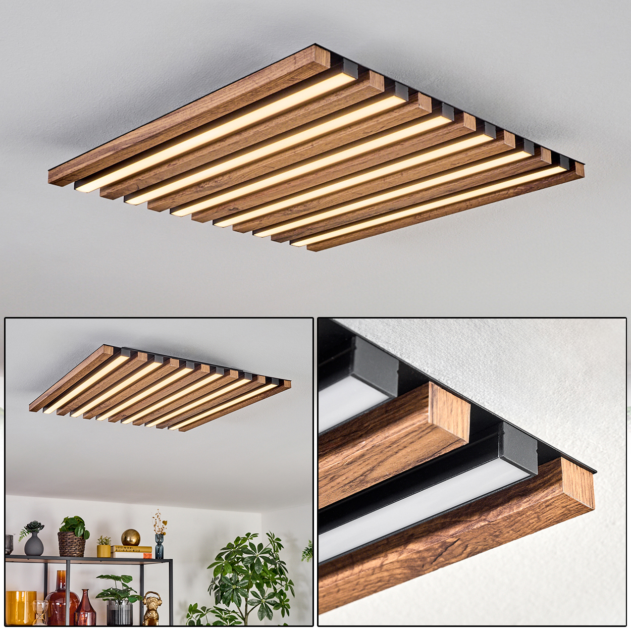 Eine moderne Deckenlampe mit Holzlatten und integrierten Lichtern. Die Lampe ist rechteckig und an einer weißen Decke montiert.