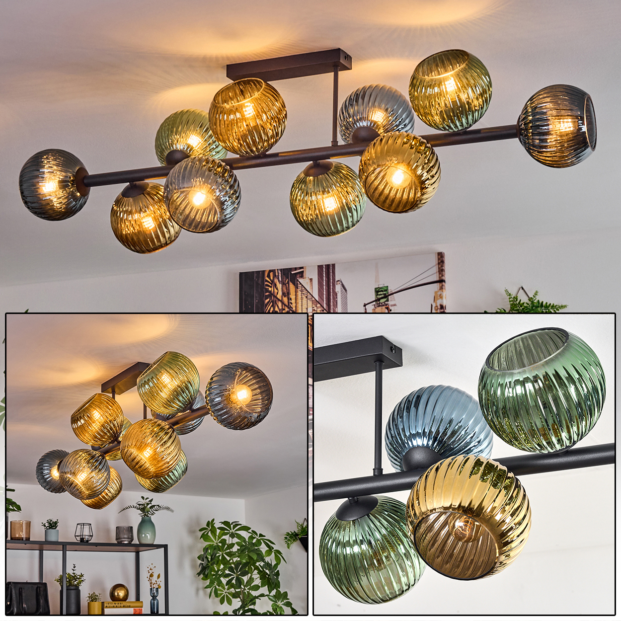 Eine moderne Deckenleuchte mit mehreren kugelförmigen Glasschirmen in verschiedenen Farben, montiert auf einem schwarzen Metallrahmen.