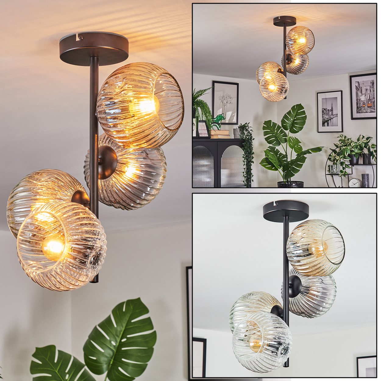 Eine moderne Deckenleuchte mit drei Glasschirmen. Die Schirme sind gerippt und bernsteinfarben, mit dunkler Metallbefestigung.