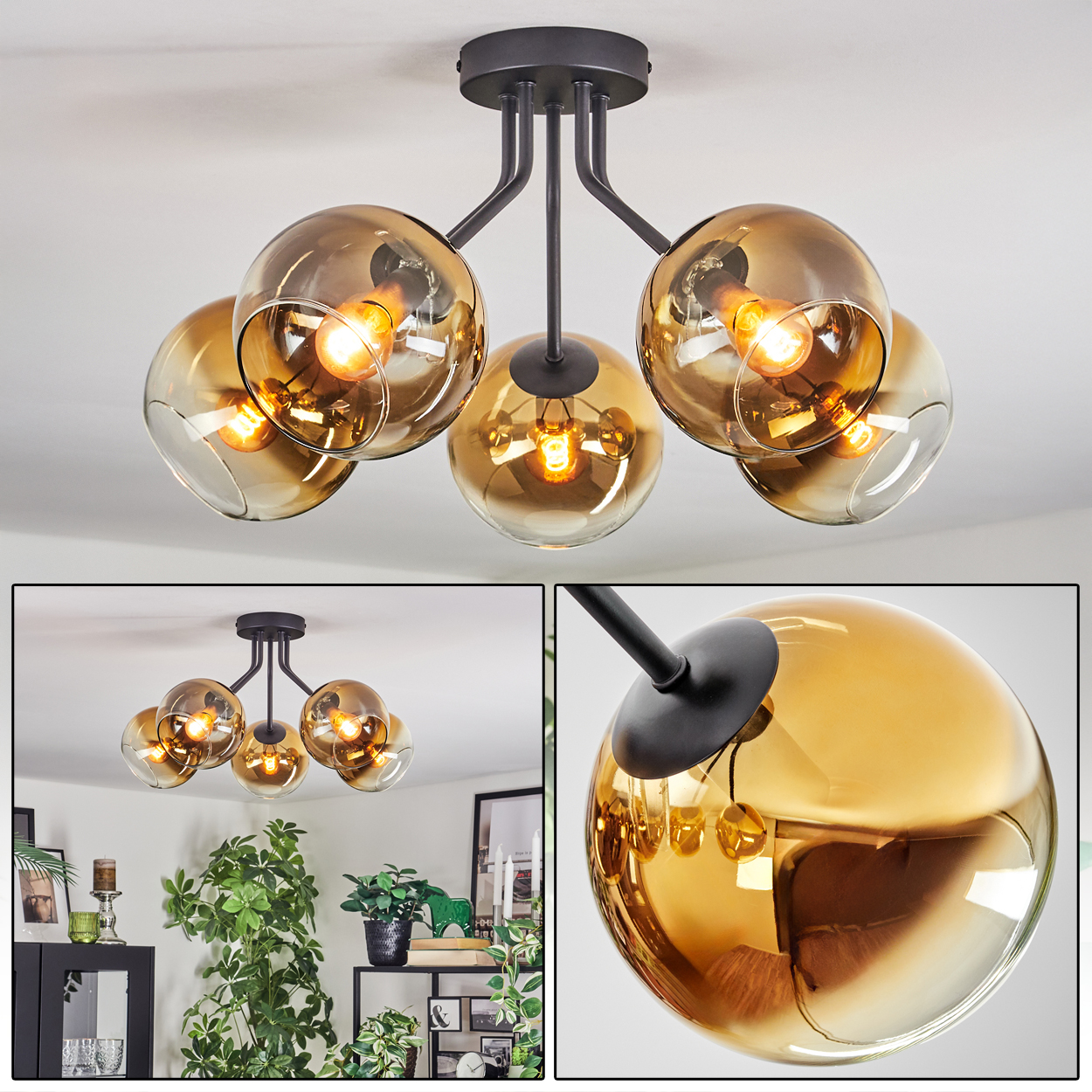 Eine moderne Deckenlampe mit fünf bernsteinfarbenen Glaskugeln. Die Lampe ist an einem schwarzen Metallrahmen befestigt.