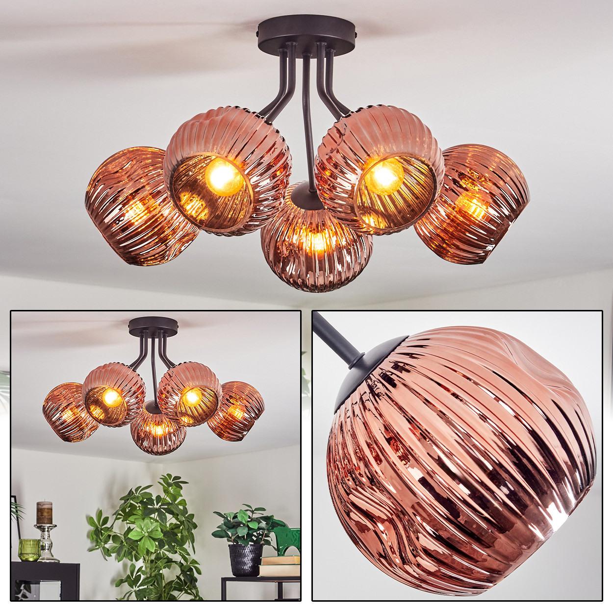 Eine moderne Deckenlampe mit sechs kupferfarbenen, gemusterten Glasschirmen, jede mit einer hellen Glühbirne. Die Halterung ist schwarz.