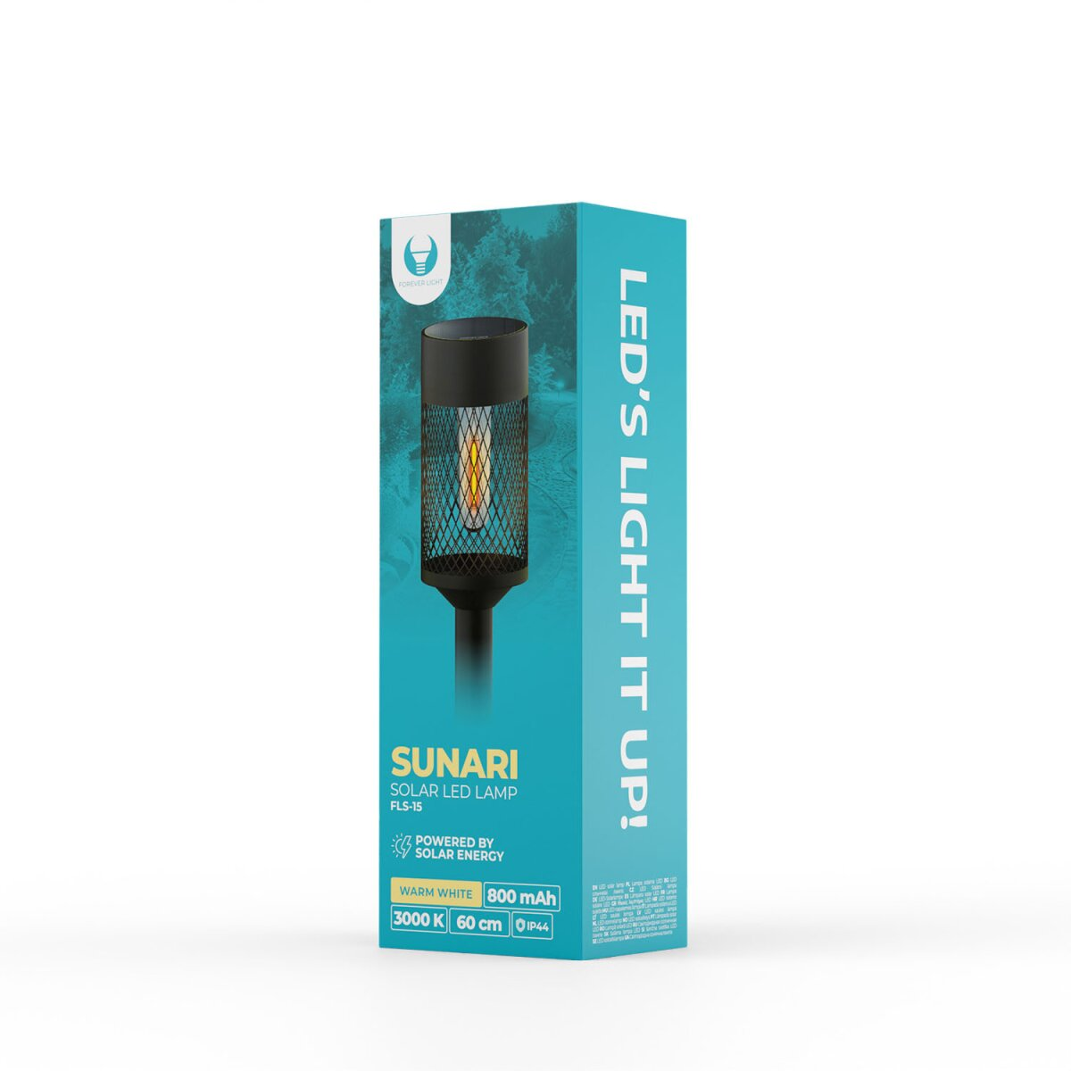Eine Schachtel mit einer Solar-LED-Lampe. Sie hat einen schwarzen Deckel, einen zylindrischen Käfig und einen schwarzen Sockel. Die Schachtel sagt: LED's light it up!