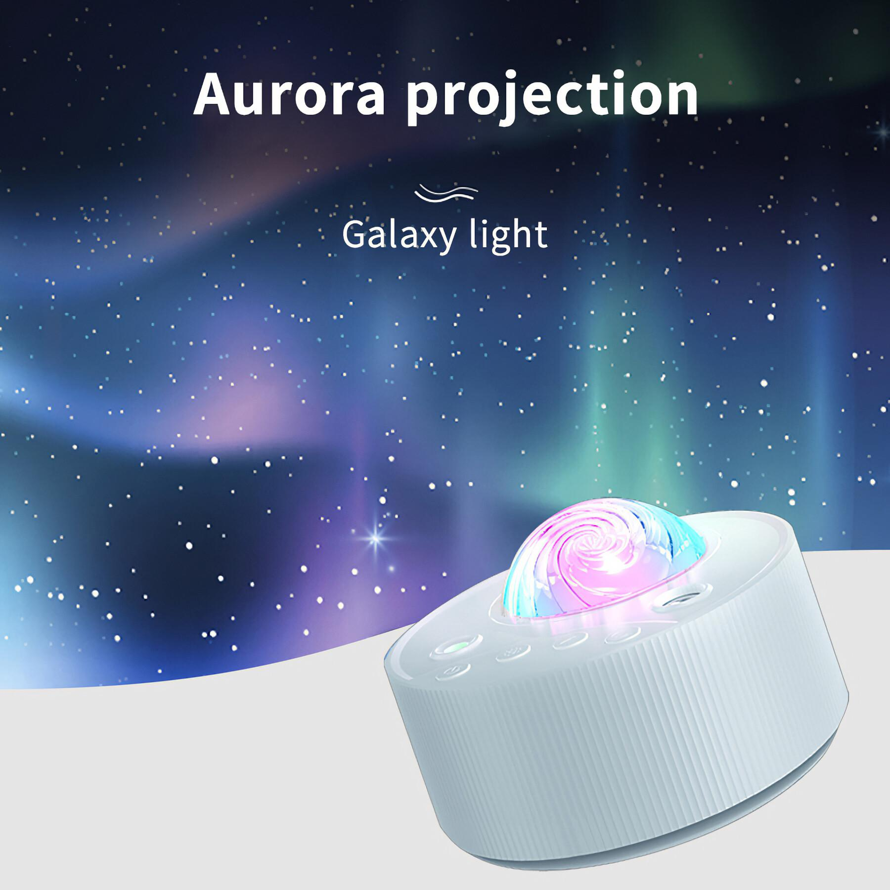 Ein weißer Galaxielichtprojektor mit Auroraprojektion vor einem sternenübersäten Nachthimmel. Das Licht hat farbenfrohe Muster.