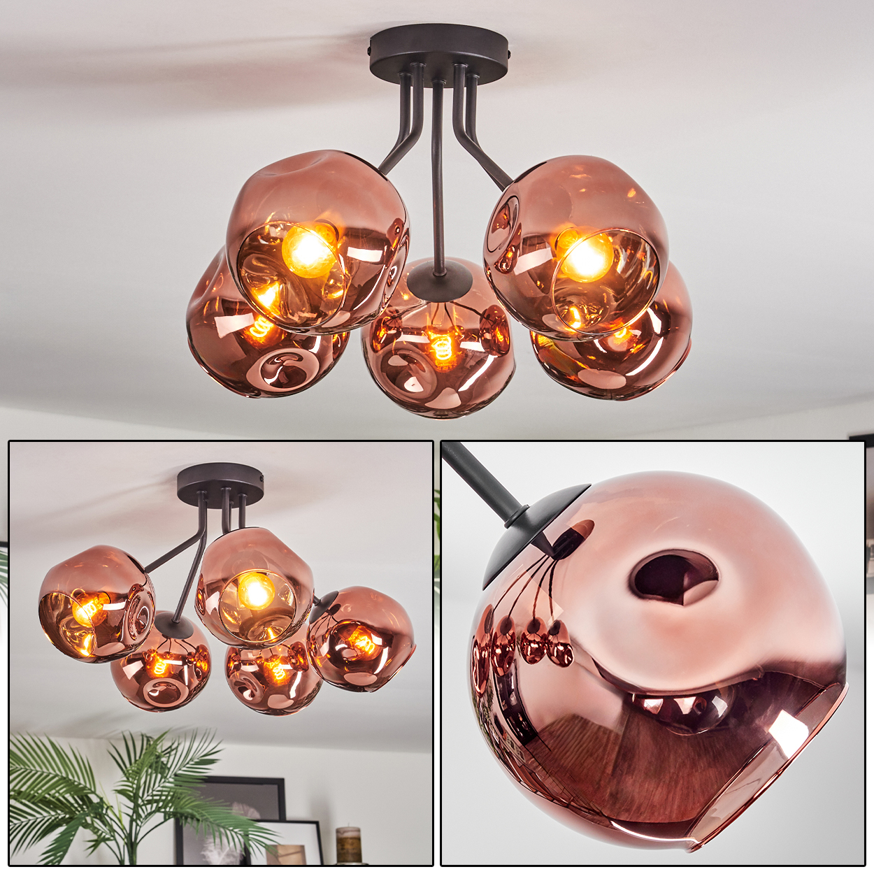 Moderne Deckenlampe mit sechs kupferfarbenen Glasschirmen. Die Lampe ist an einem schwarzen Metallrahmen befestigt. Der Hintergrund ist weiß.