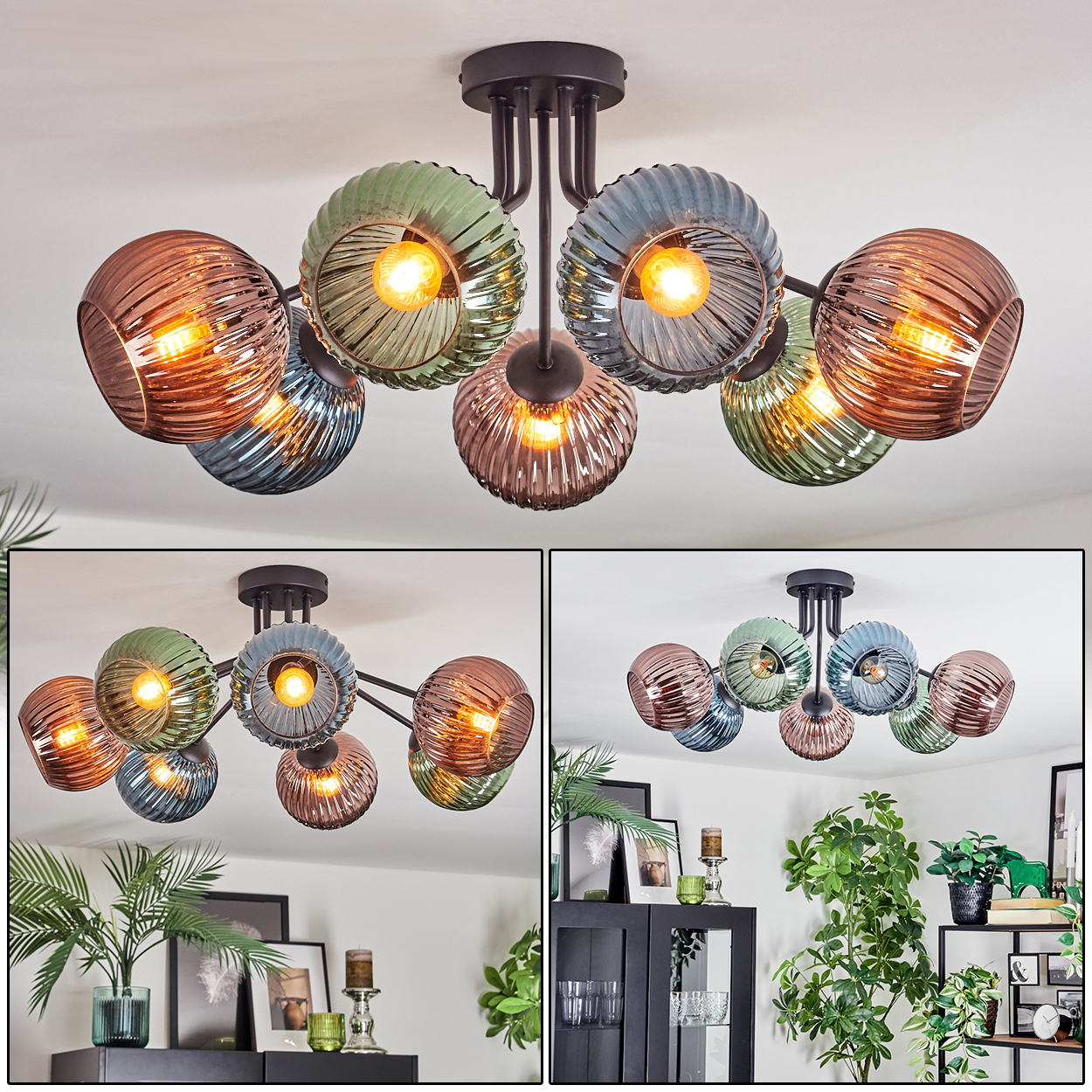 Eine moderne Deckenleuchte mit farbigen, gerippten Glasschirmen. Die Schirme sind in Grün-, Blau- und Brauntönen gehalten. Es ist in einem Wohnzimmer.