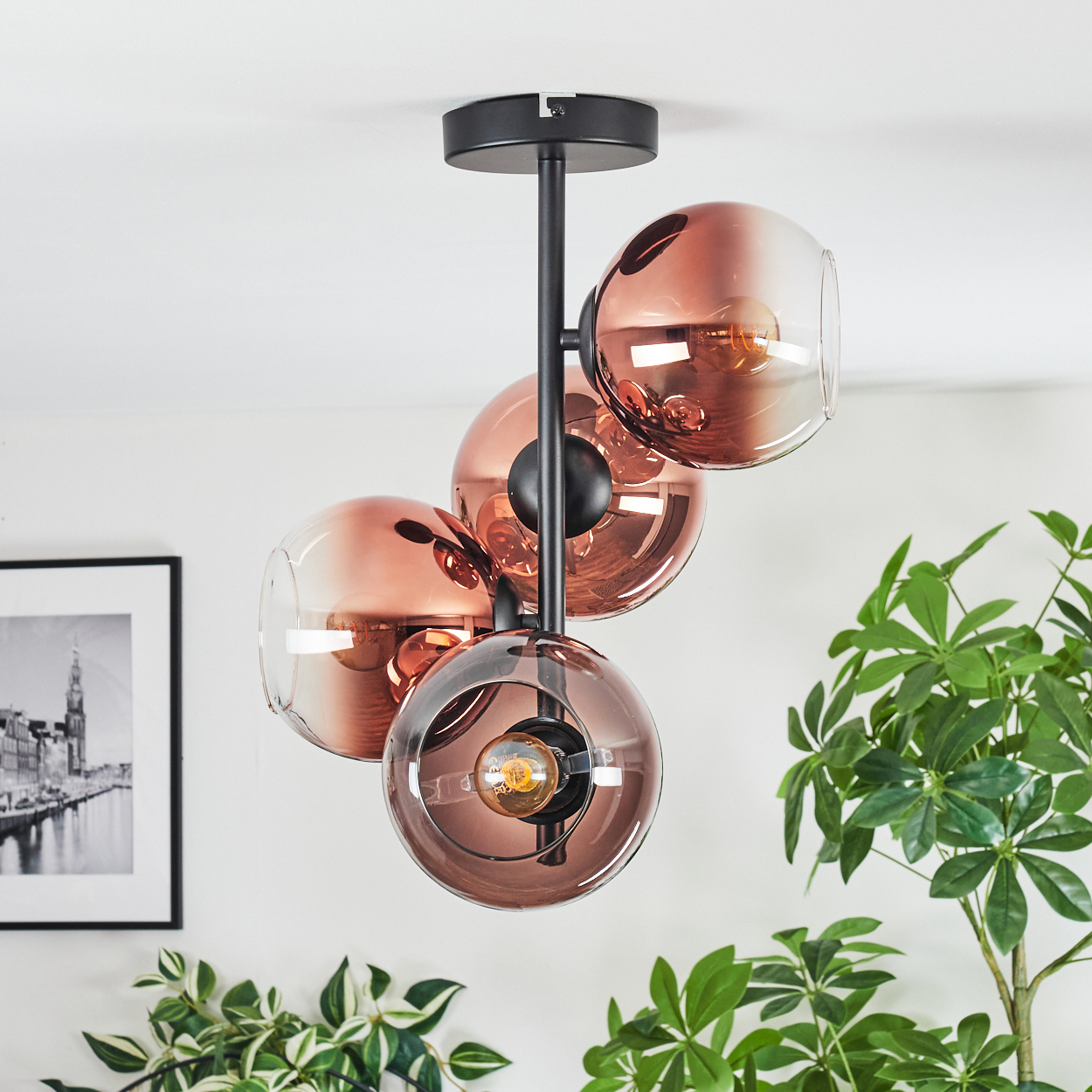 Eine moderne Deckenlampe mit vier rotbraunen Glaskugeln. Im Vordergrund grüne Pflanzen und ein schwarz-weiß gerahmtes Bild.