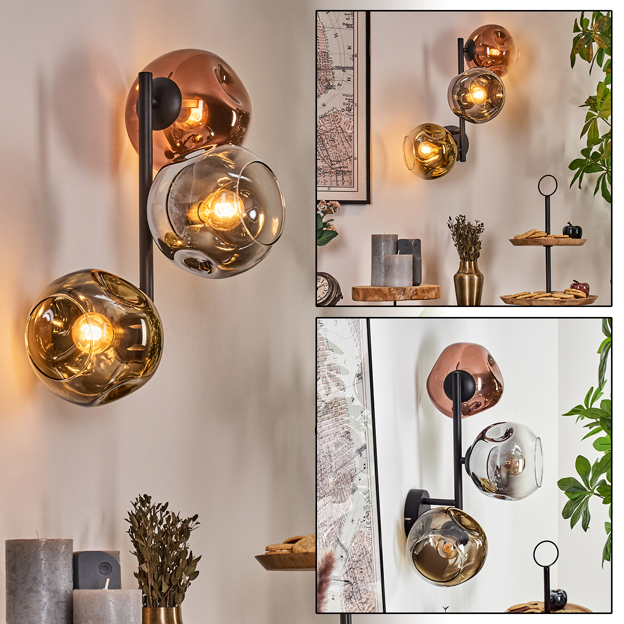 Drei blasenartige Wandleuchten mit warmem Licht. Hintergrund: Karte, Kerzen und Dekoration.