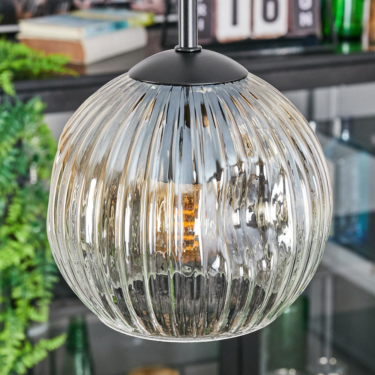 Eine klare, gerippte Glas-Pendelleuchte hängt. Die Glühbirne ist sichtbar. Grüne Pflanzen und ein Regal mit Gegenständen sind im Hintergrund.