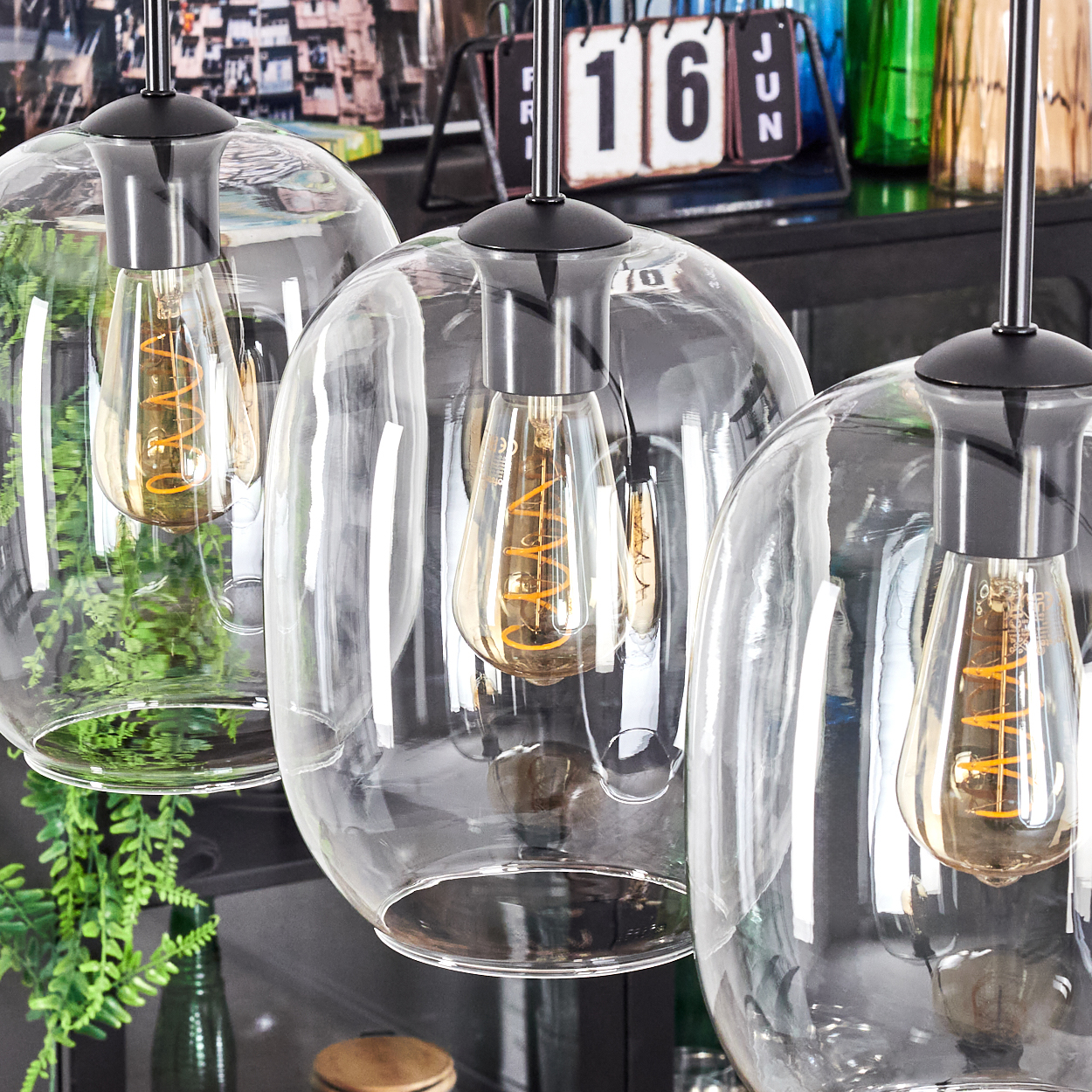 Drei klare Glas-Pendelleuchten mit sichtbaren Glühbirnen hängen, Grün und Kalender im Hintergrund.