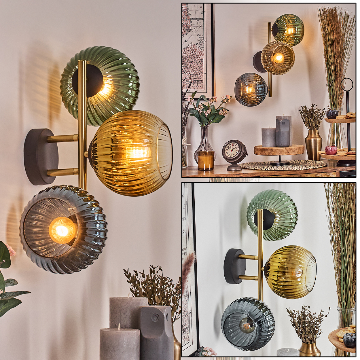 Wandleuchten mit drei Glasschirmen in Grün, Bernstein und Grau. Kerzen und Dekorationen stehen auf einem Holztisch.