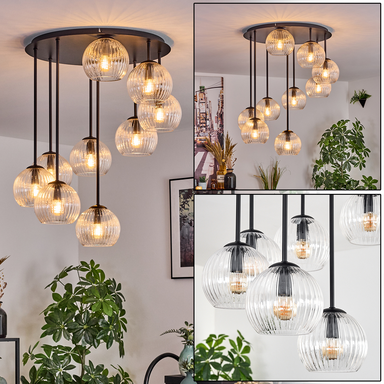 Eine moderne Deckenleuchte mit mehreren kugelförmigen Lichtern, die von einer schwarzen runden Basis hängen. Pflanzen und Kunstwerke sind im Hintergrund zu sehen.