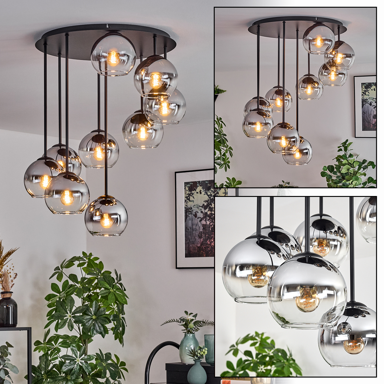 Eine moderne Deckenleuchte mit mehreren kugelförmigen Glaslampen hängt von der Decke. Pflanzen und gerahmte Kunstwerke sind im Hintergrund.